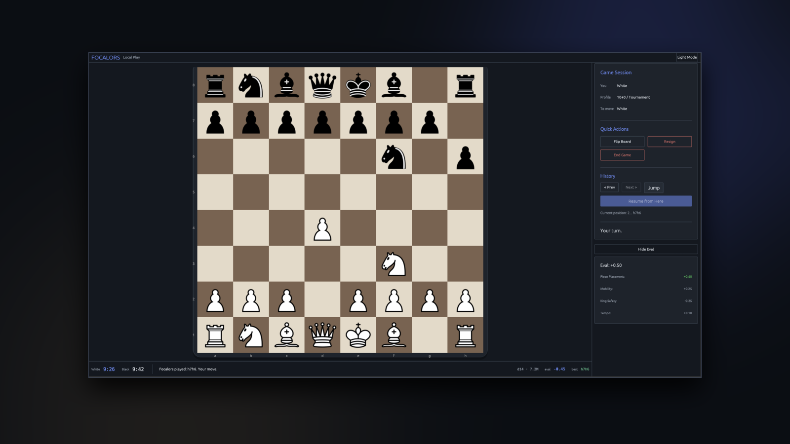 The Focalors desktop app during a live game against the engine